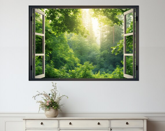 Open Window With Forest View Painting Faux Window Print Forest Art Framed And Ready To Hang