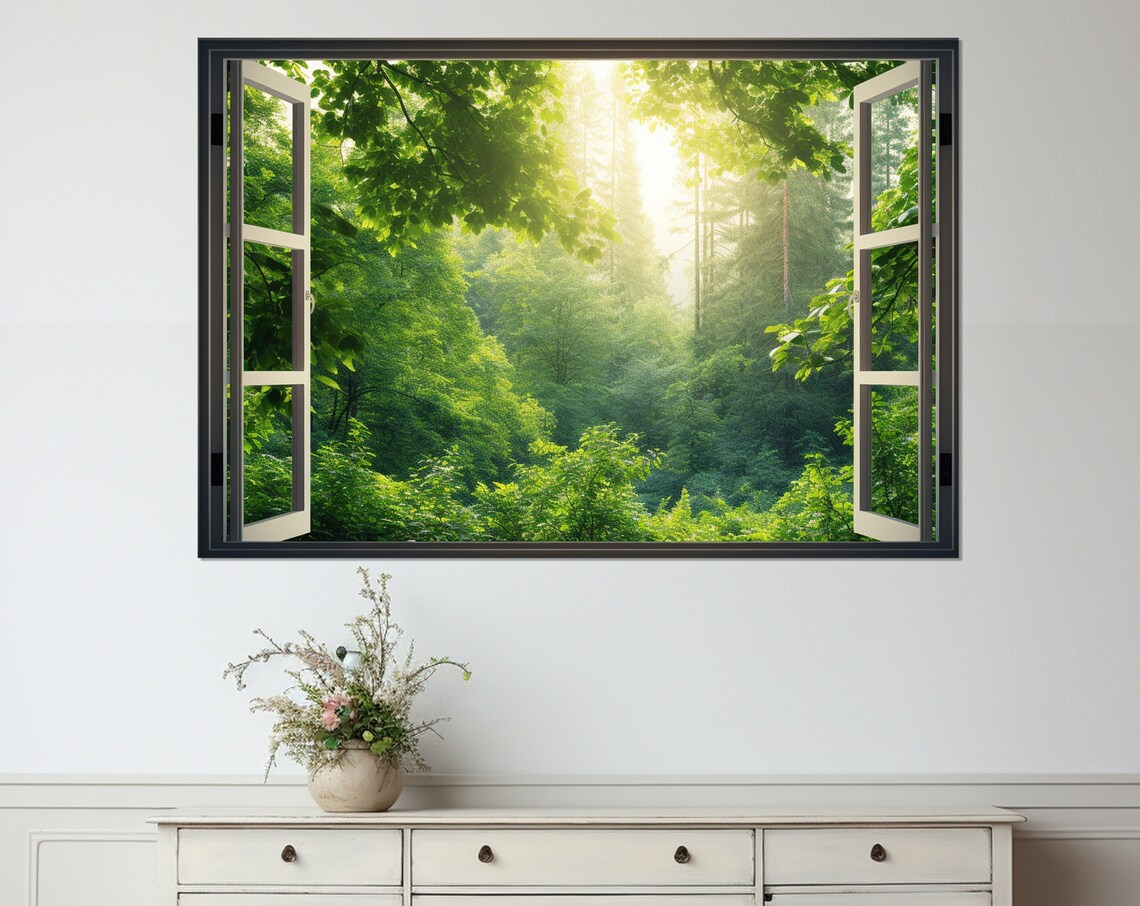 Open Window With Forest View Painting Faux Window Print Forest Art Framed And Ready To Hang
