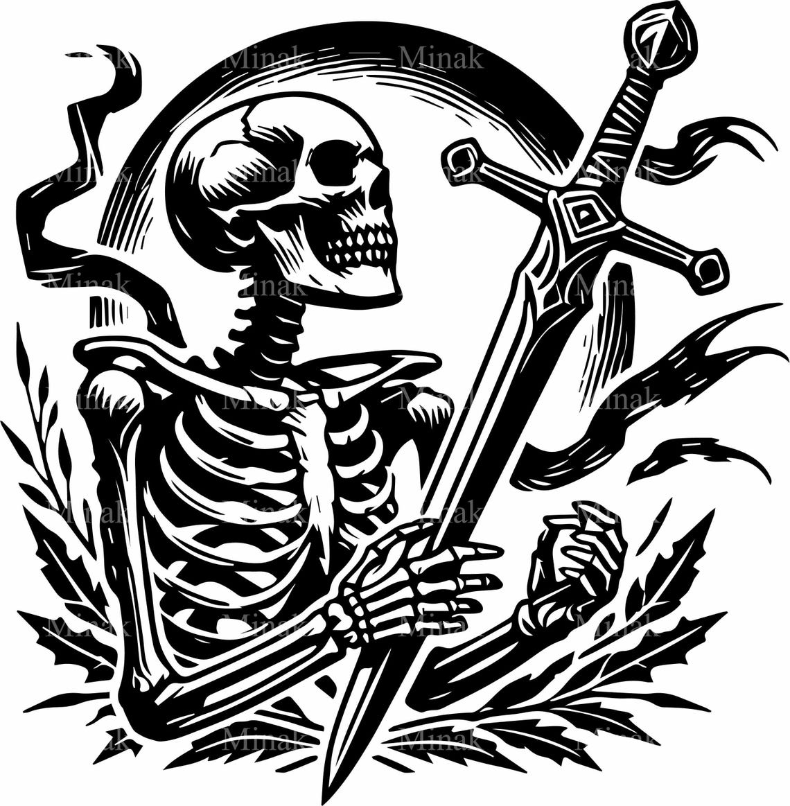 Skeleton Knight Holding Greatsword Moon Laurel Gothic Art Poster