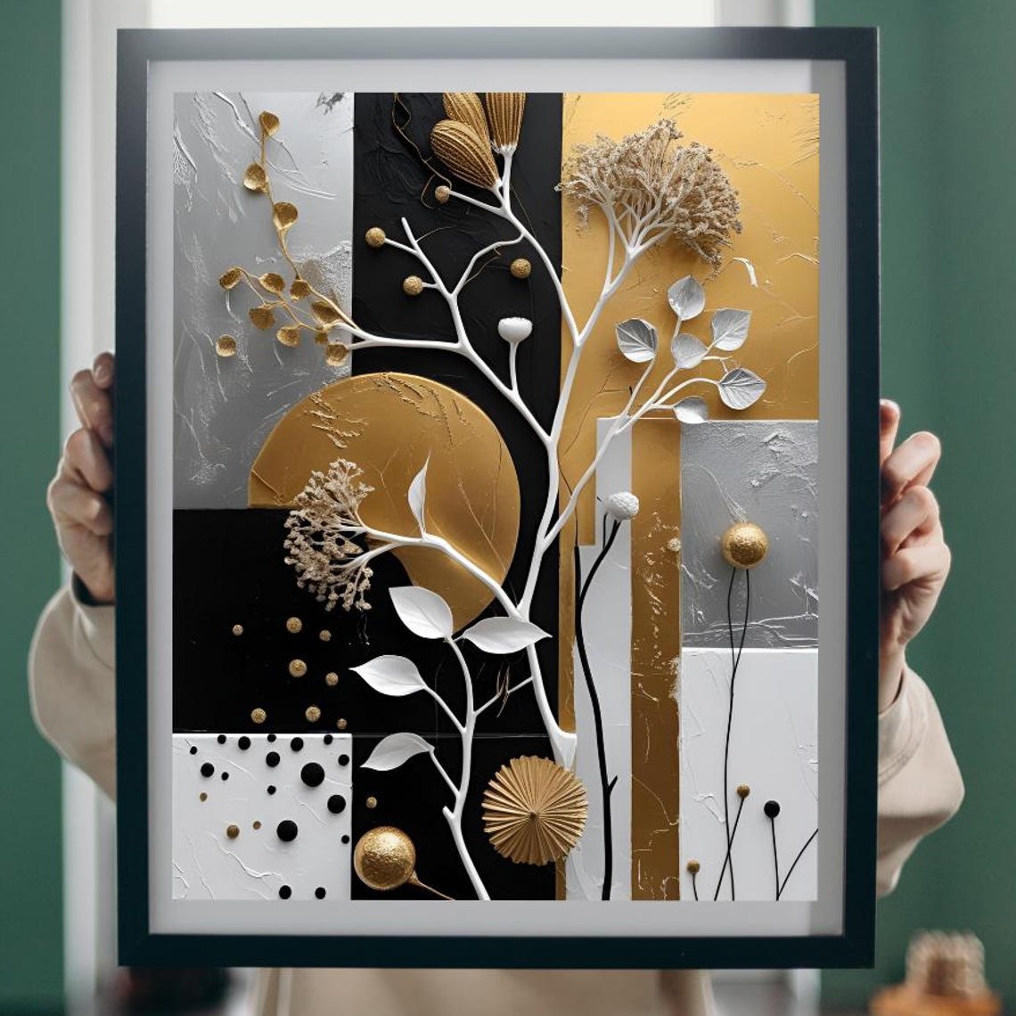 Gold Black Silver Metallic Botanical Geometric Modern Art Poster