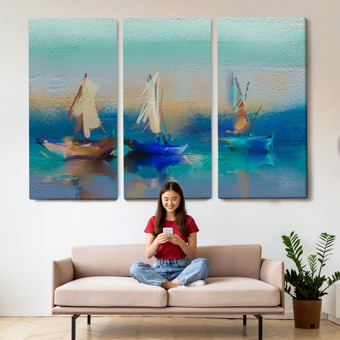 Three Sailboats on Teal Blue Water Soft Pastel Abstract Art Poster - Image 2
