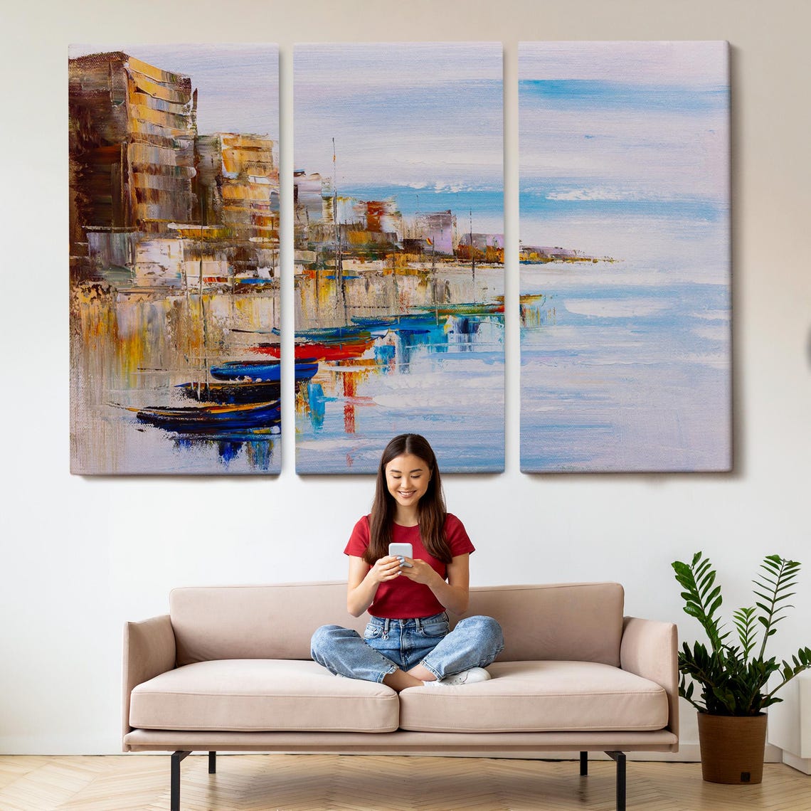Harbor Boats Colorful Fishing Boats Calm Water Seaside View Poster - Image 2