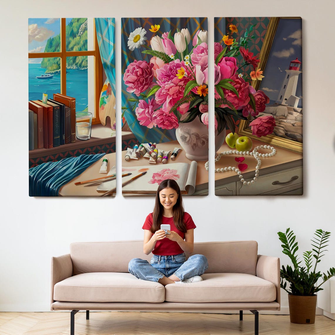 Pink Peonies Artist Studio Still Life Sea Window Floral Poster - Image 2
