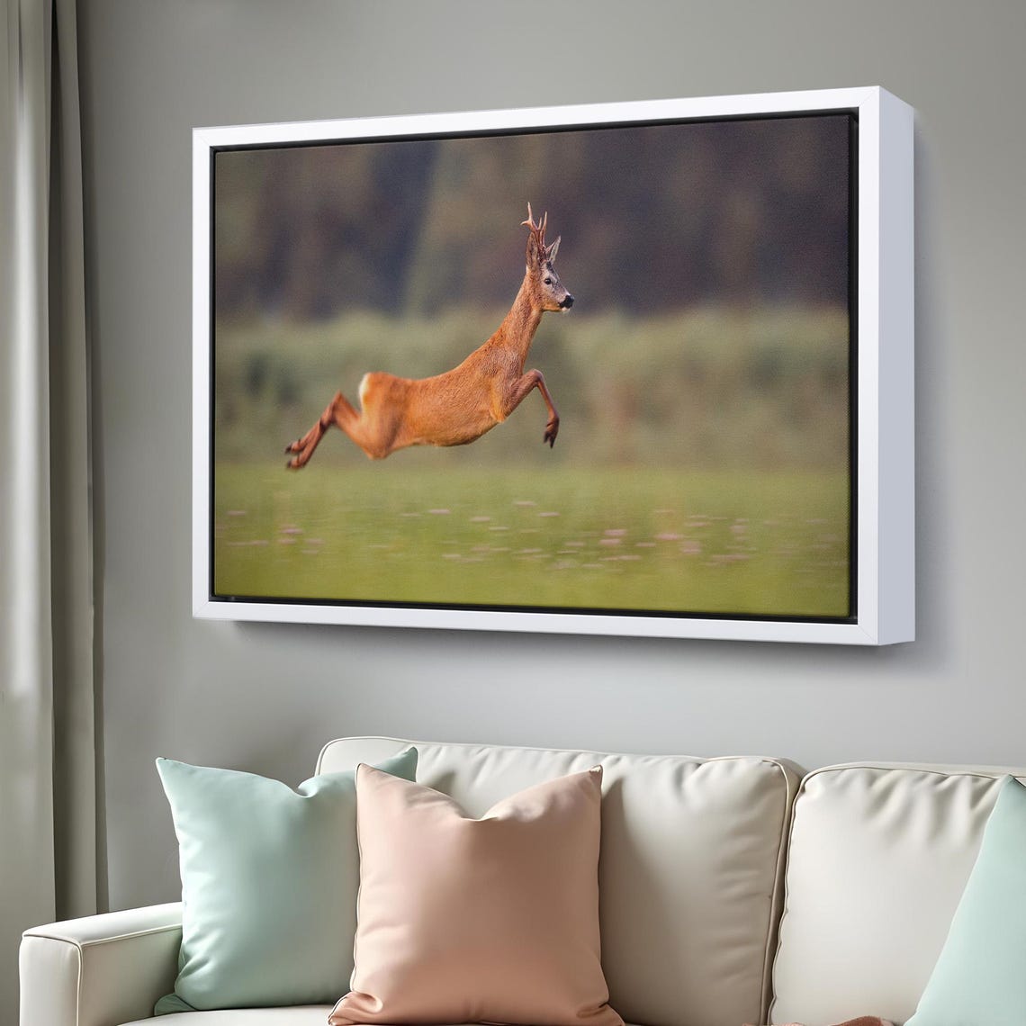 Leaping Roe Deer Buck Wildlife Meadow Action Photography Wall Art - Image 3