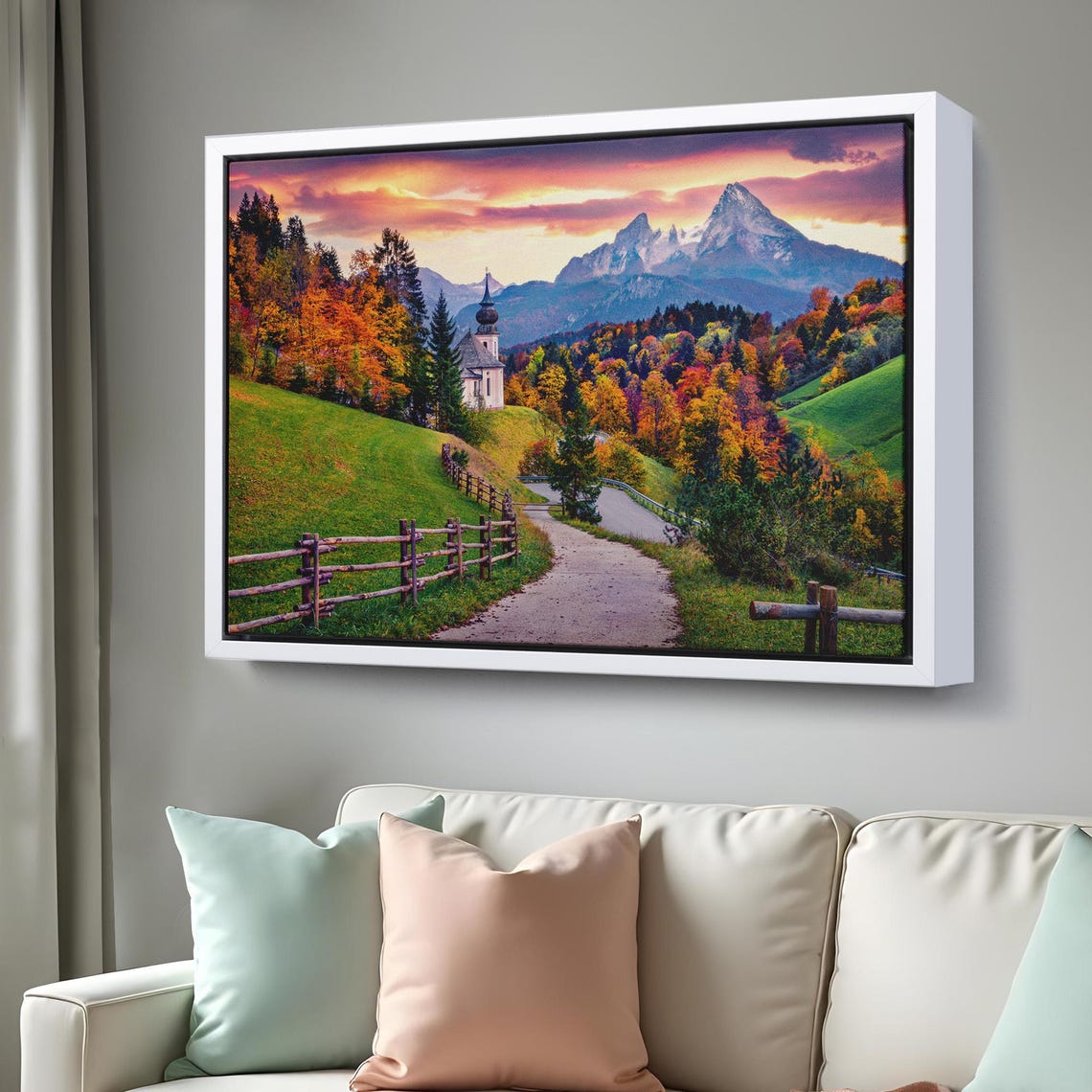 Alpine Mountain Village Church Autumn Sunset Path Scenic Travel Poster - Image 3