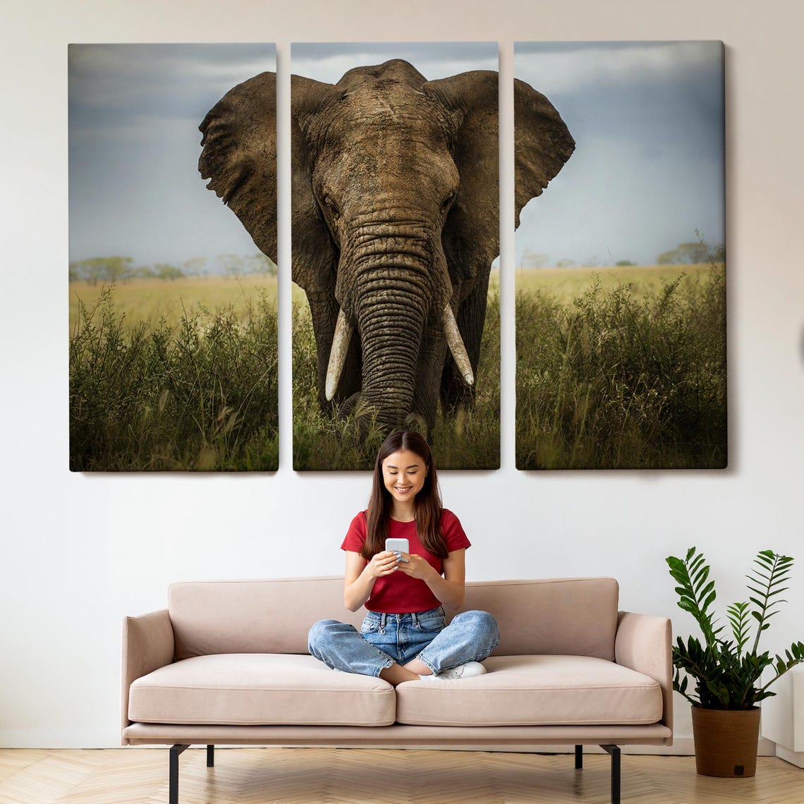 Lone Elephant Bull Facing Camera In Tall Grass Savanna Photo Poster - Image 2
