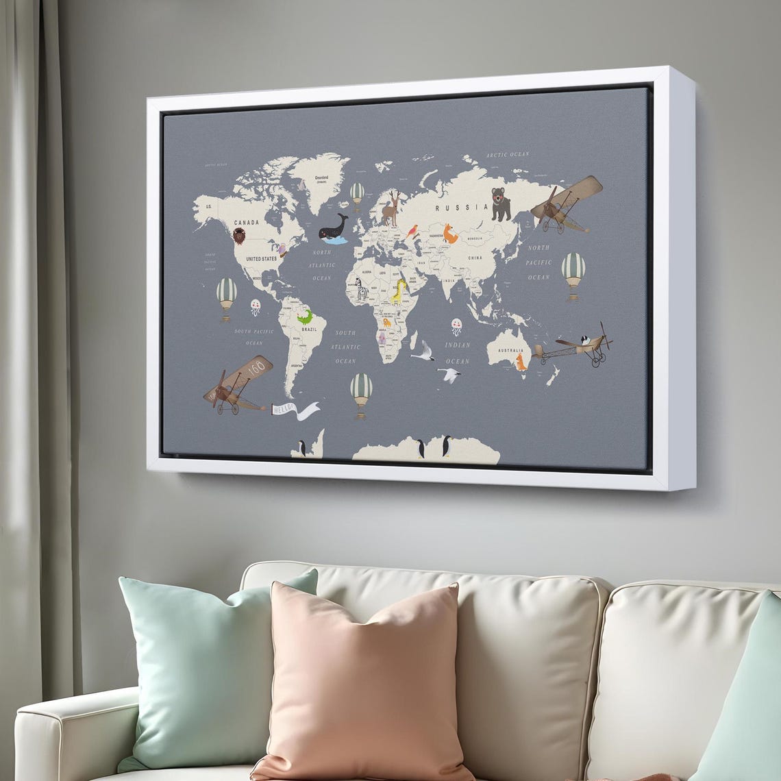 Kids World Map Animals Airplanes Nursery Educational Wall Art Poster - Image 3
