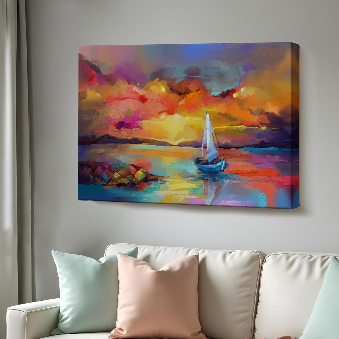 Vibrant Sunset Sailboat Seascape Oil Painting Colorful Ocean Poster