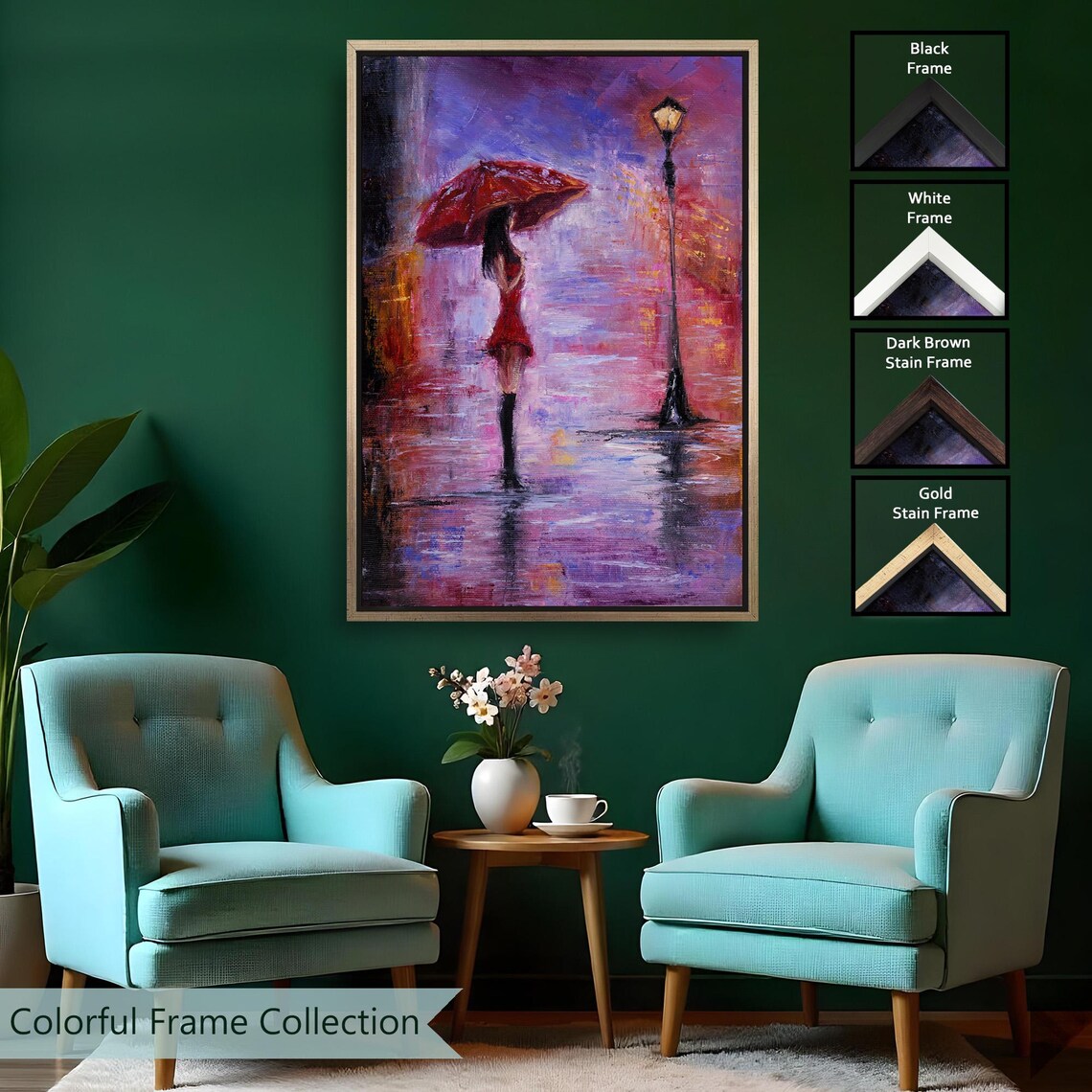 Woman with Red Umbrella Rainy Night Street Lamp Painting Poster - Image 2