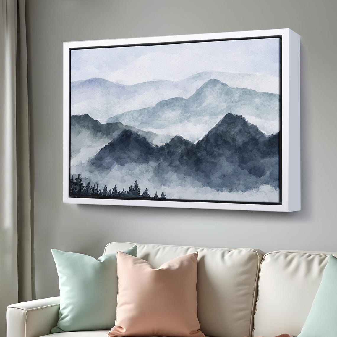 Misty Blue Mountains Layers Minimal Watercolor Landscape Wall Art - Image 3