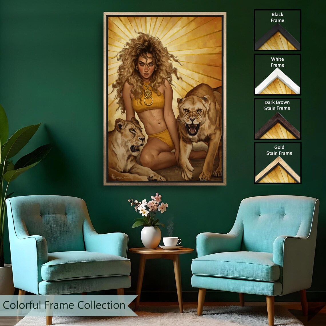 Fierce Wild Woman with Lions Golden Sunburst Powerful Feminine Wall Art - Image 2