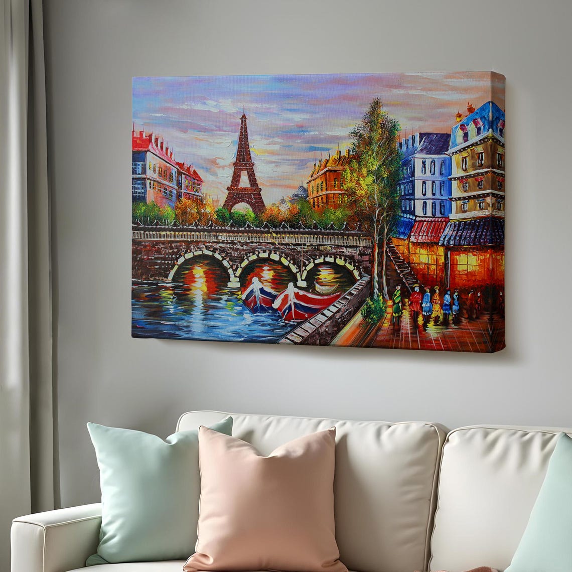 Paris France Eiffel Tower Sunset Seine Bridge Oil Painting Poster