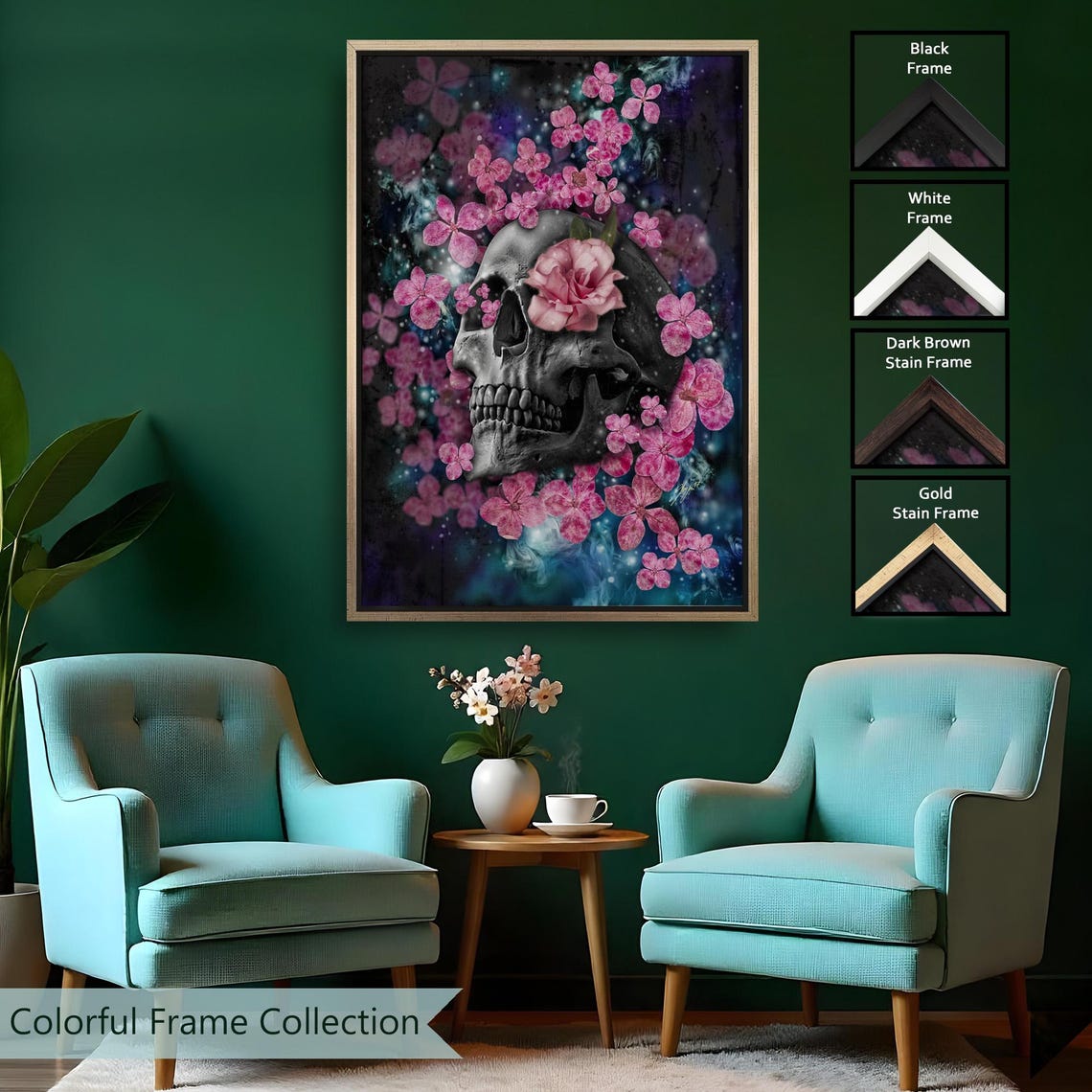 Black Skull With Pink Flowers Dark Botanical Surreal Gothic Wall Art - Image 2