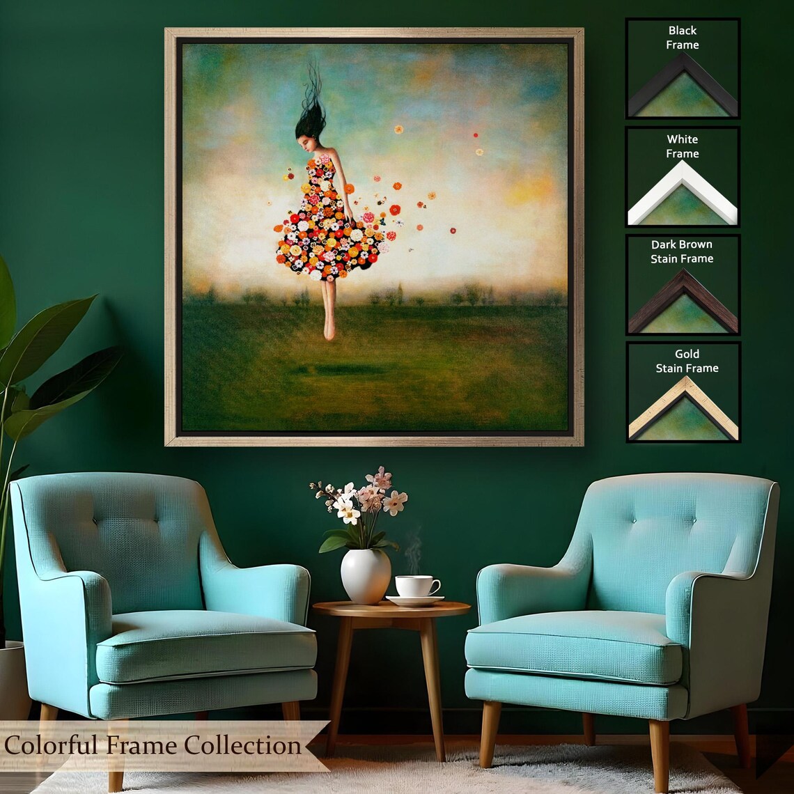 Girl In A Dress Of Flowers Whimsical Floral Portrait Meadow Wall Art - Image 2