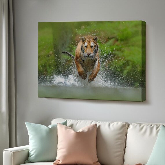 Wild Tiger Leaping Through Splashing Water Jungle Forest Wildlife Poster