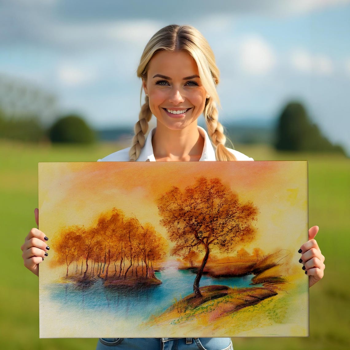 Golden Autumn Trees Lakeside Water Reflection Watercolor Sunset Poster - Image 5