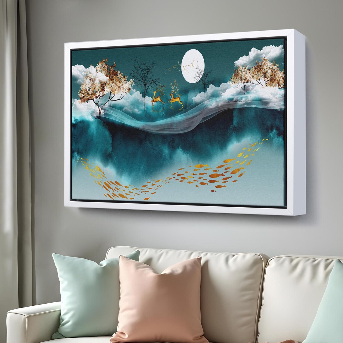 Golden Deer Running Clouds Moonlit Teal Night Surreal Dreamlike Wall Art Poster - Image 3
