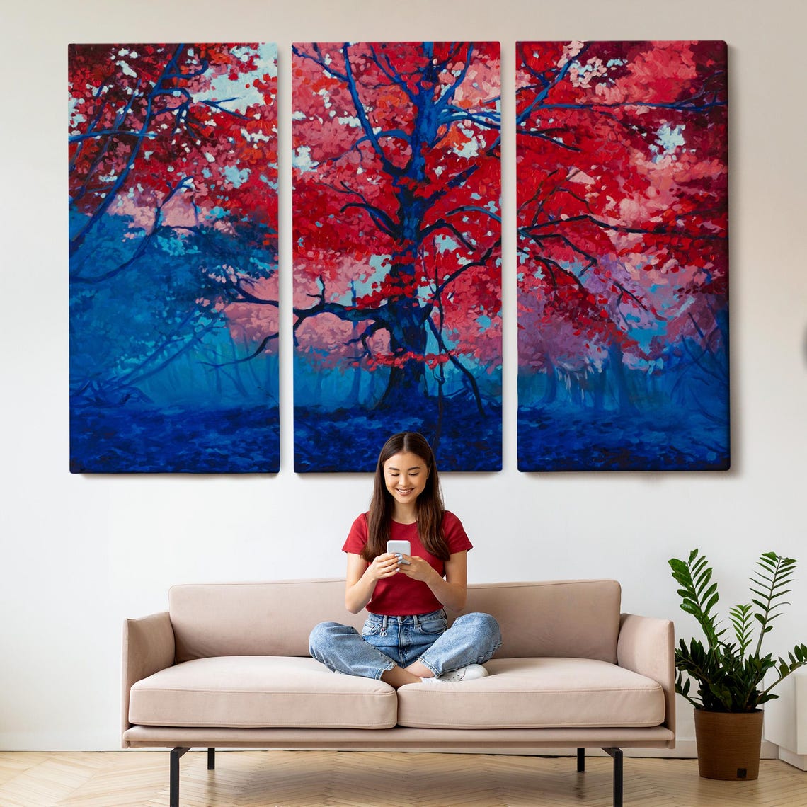 Crimson Autumn Tree Blue Forest Bold Color Contrast Nature Art Poster - Image 2
