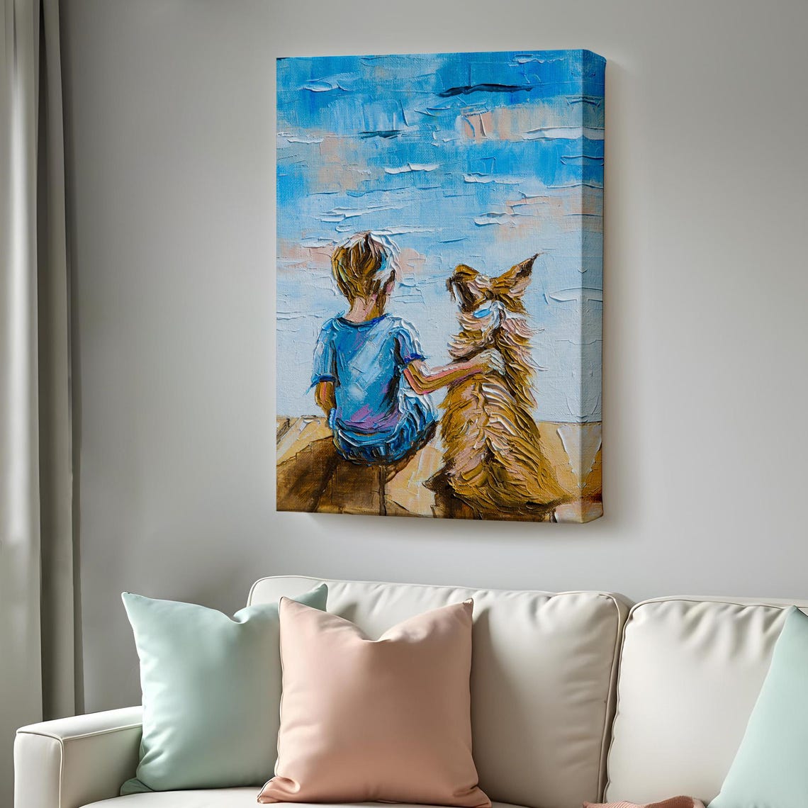 Boy And Dog Sitting By The Lake Oil Painting Friendship Wall Art