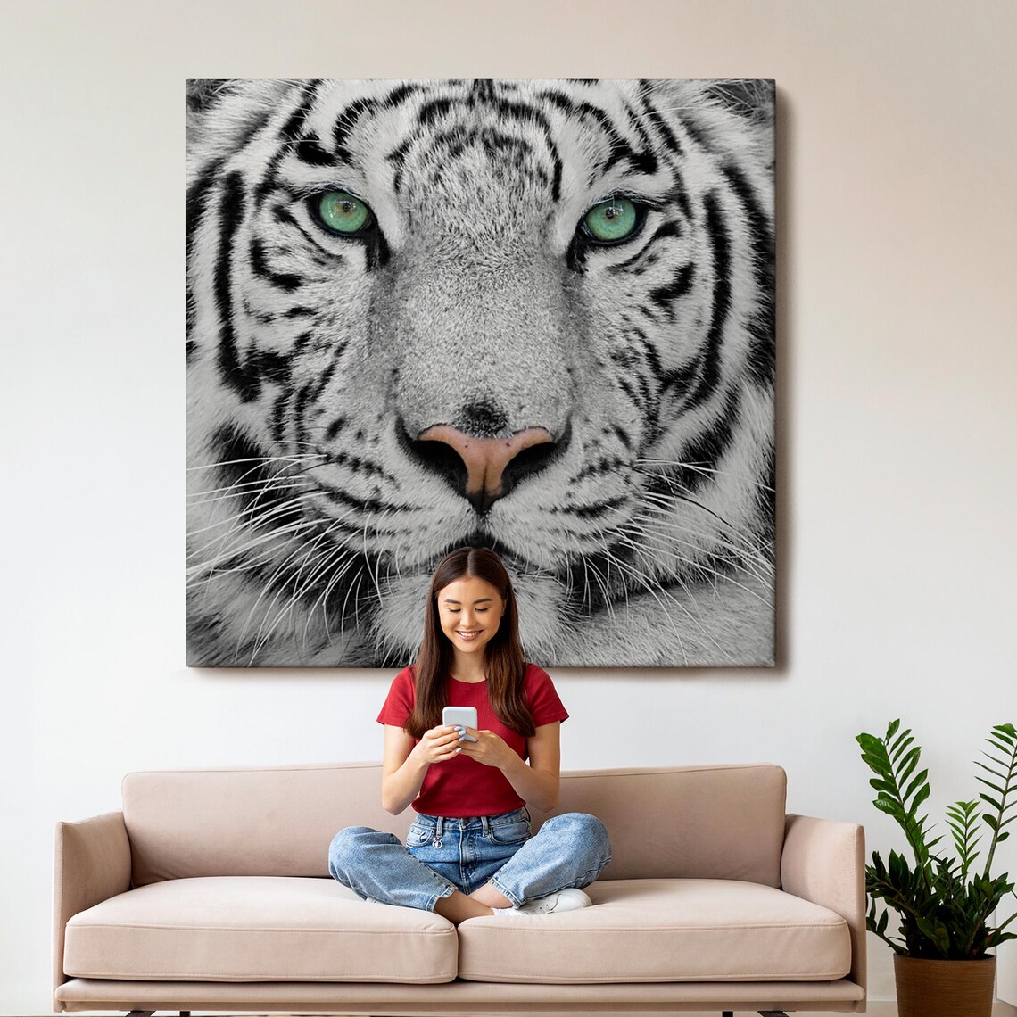 Majestic White Tiger Face Close Up Green Eyes Wildlife Photography Wall Poster - Image 3
