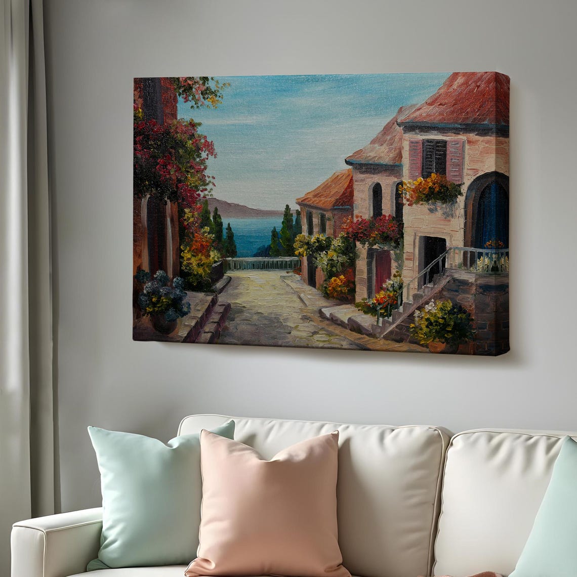 Mediterranean Stone Street Flower Balconies Blue Sea View Art Poster