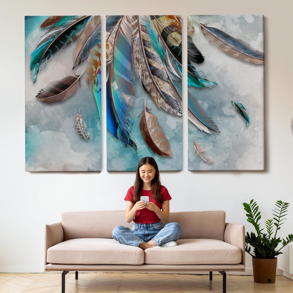 Elegant Bird Feathers Teal Copper Grey Watercolor Art Poster - Image 2