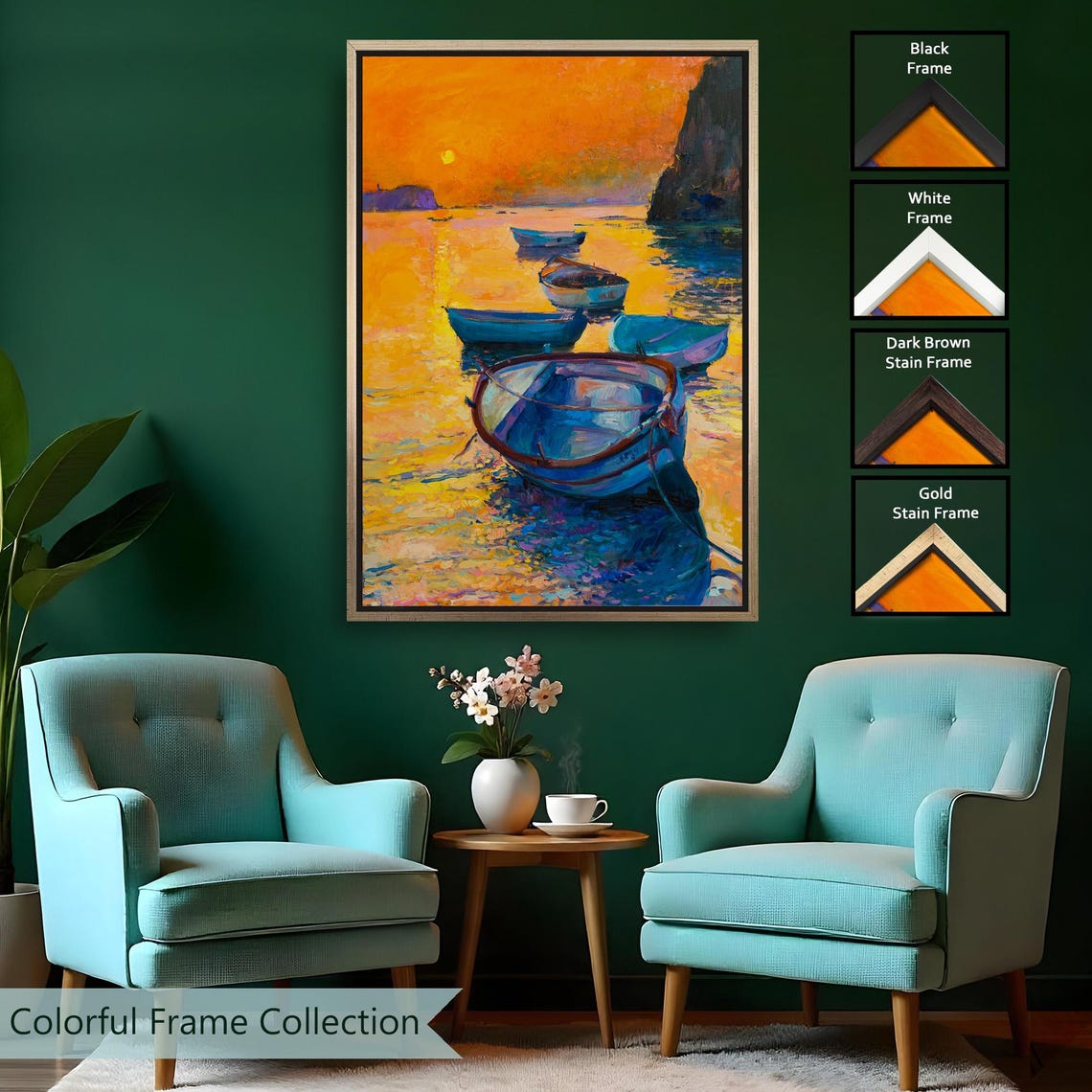Orange Sunset Boats Floating On The Sea Impressionist Coastal Wall Art - Image 2