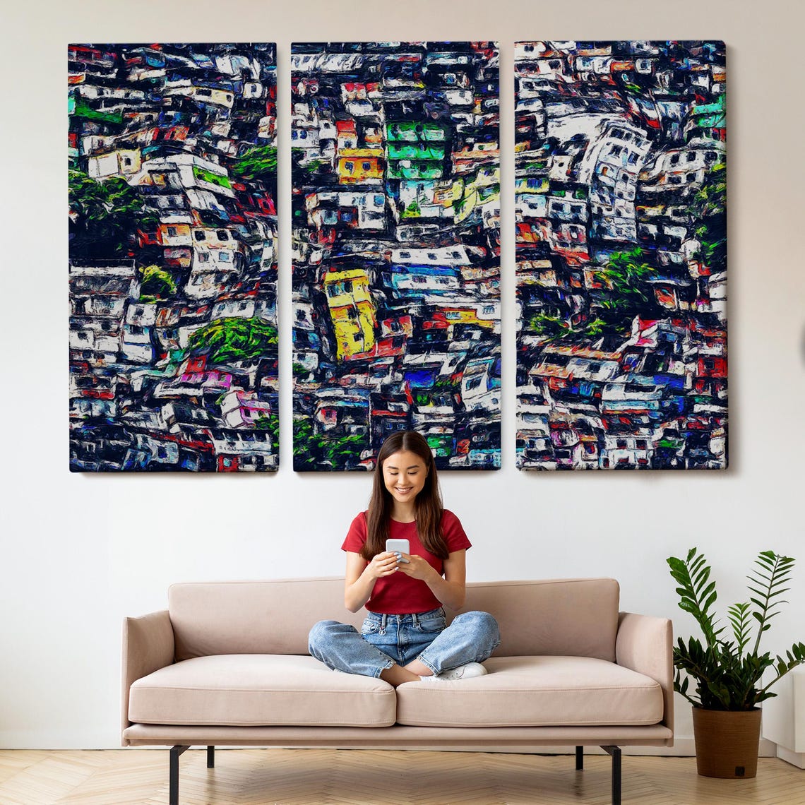 Colorful Abstract Hillside Cityscape Vibrant Neighborhood Art Print - Image 2