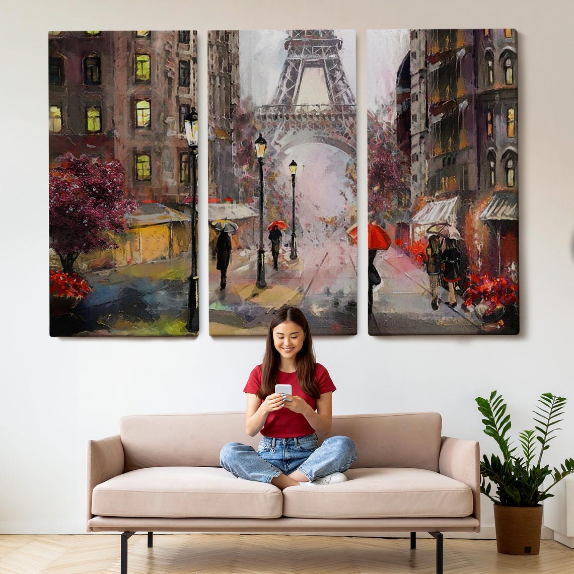 Paris Eiffel Tower Rainy Street Red Umbrellas Romantic City Poster - Image 2