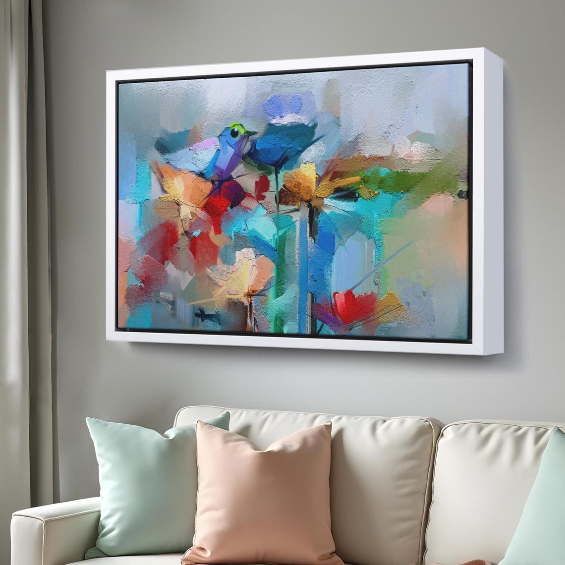 Abstract Flowers Blue Bird Colorful Modern Botanical Art Poster - Image 3
