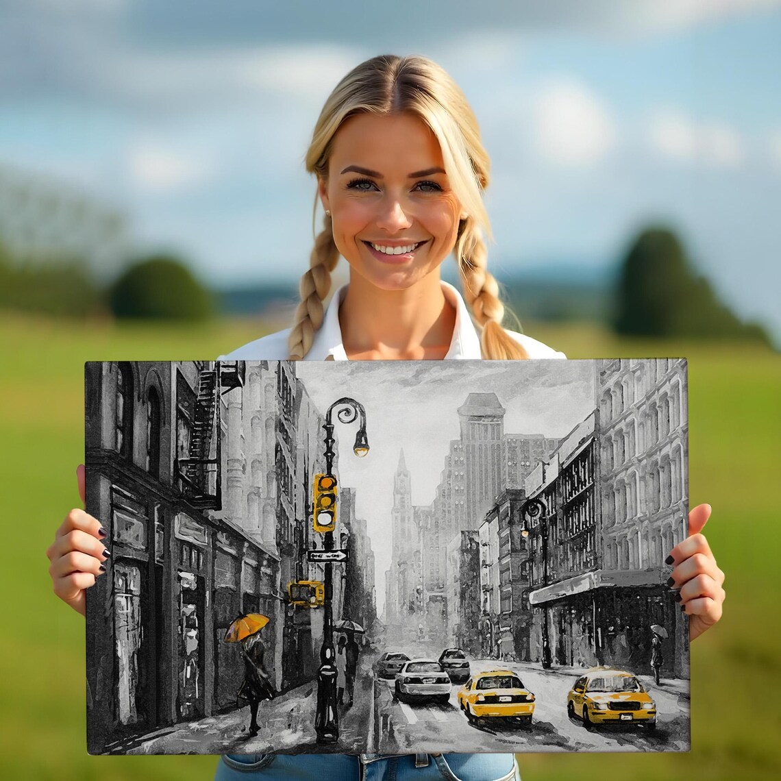 New York City Street Yellow Taxis Black White Rain Umbrella Art Poster - Image 5