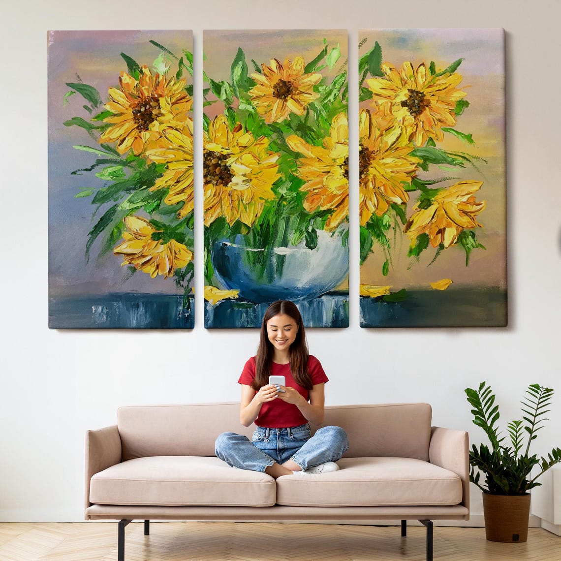 Sunflowers In Blue Glass Vase Bright Yellow Floral Still Life Poster - Image 2