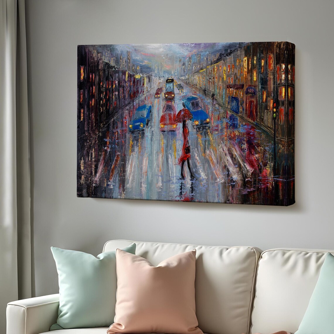Rainy City Street Woman With Red Umbrella Wet Night Lights Poster
