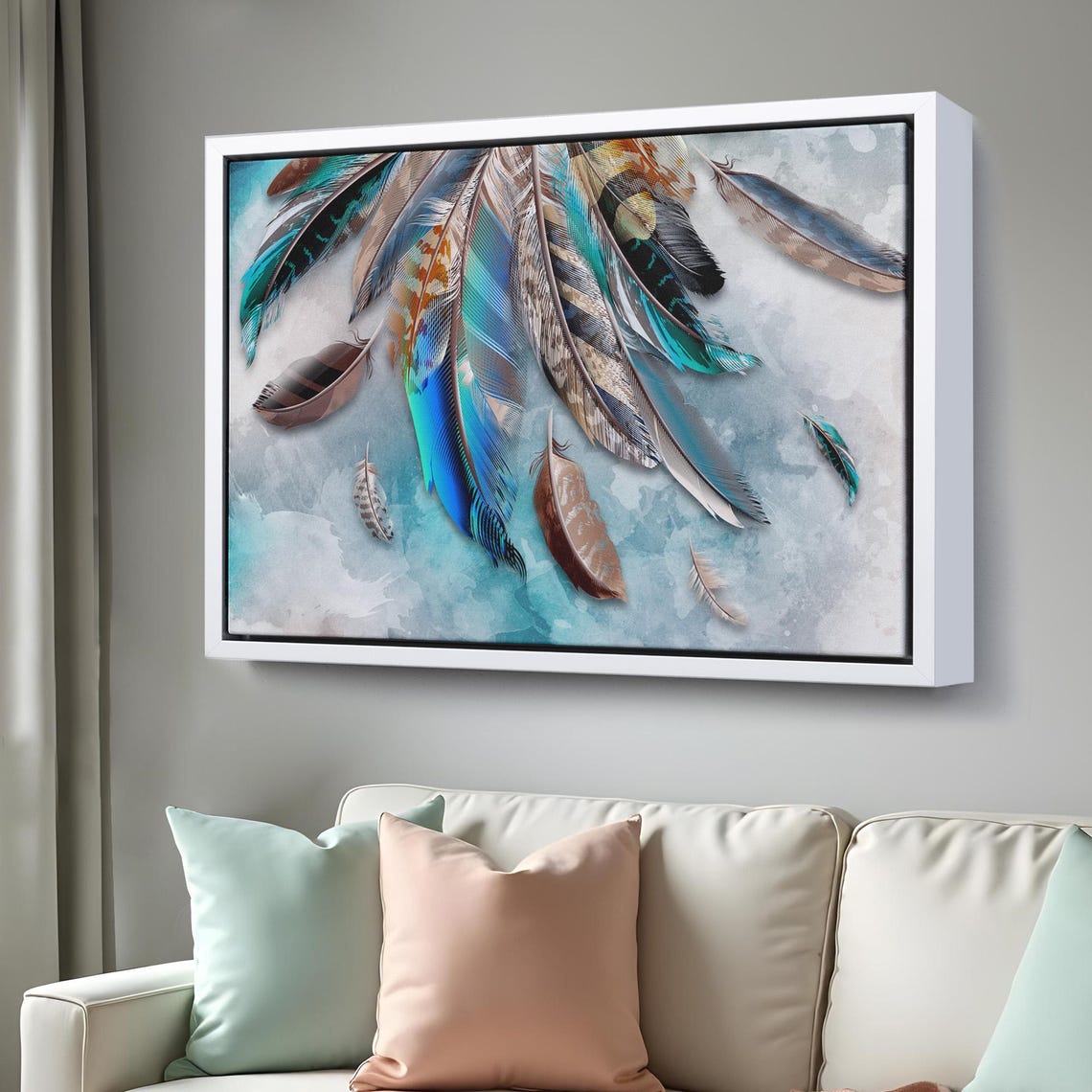 Elegant Bird Feathers Teal Copper Grey Watercolor Art Poster - Image 3