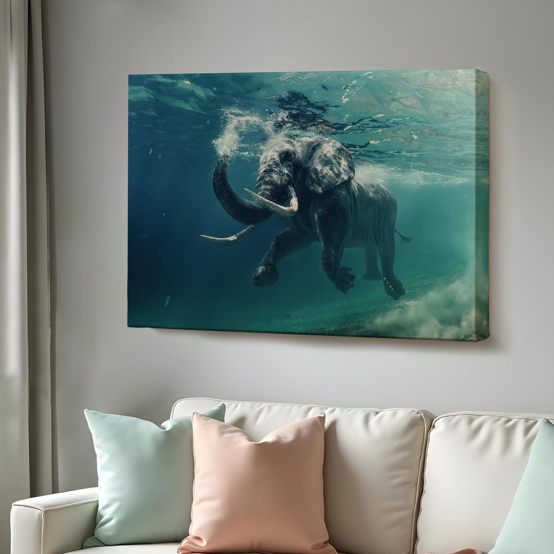 Elephant Swimming Underwater Surreal Blue Ocean Wildlife Art Poster