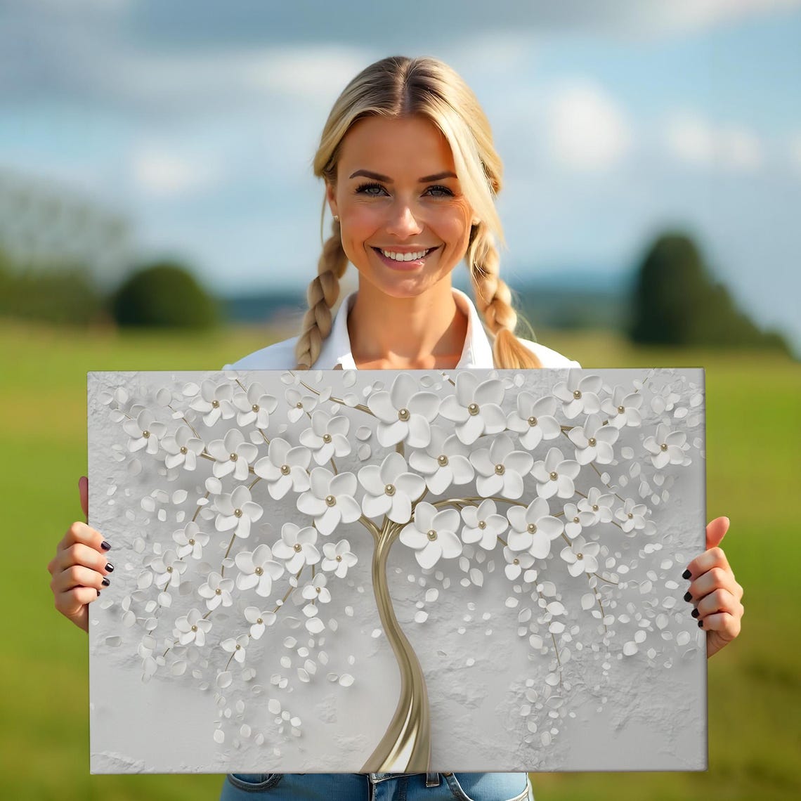 White Flower Tree Gold Trunk 3D Floral Elegant Modern Wall Art - Image 5