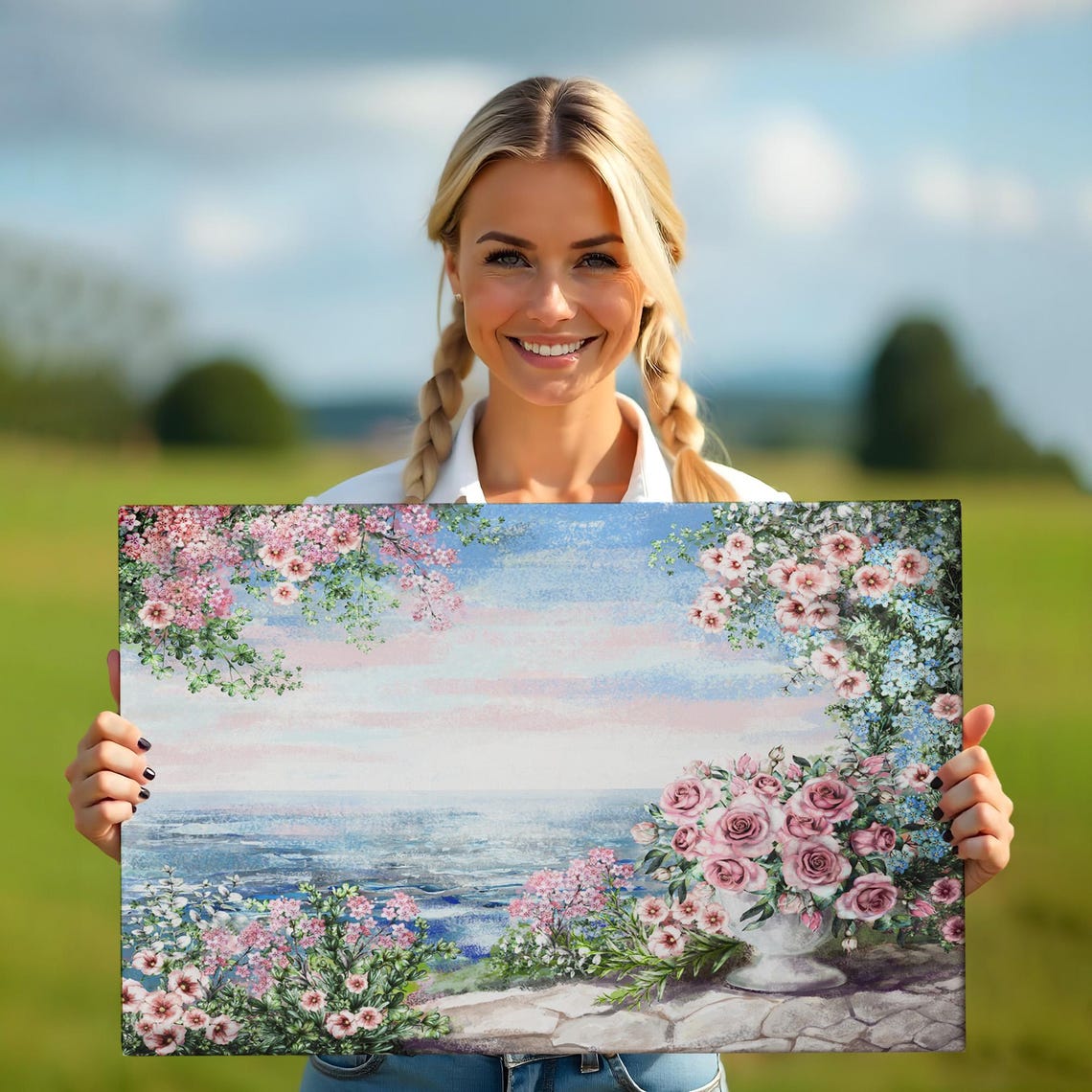 Pink Roses Blossom Sea View Terrace Watercolor Painting Poster - Image 5