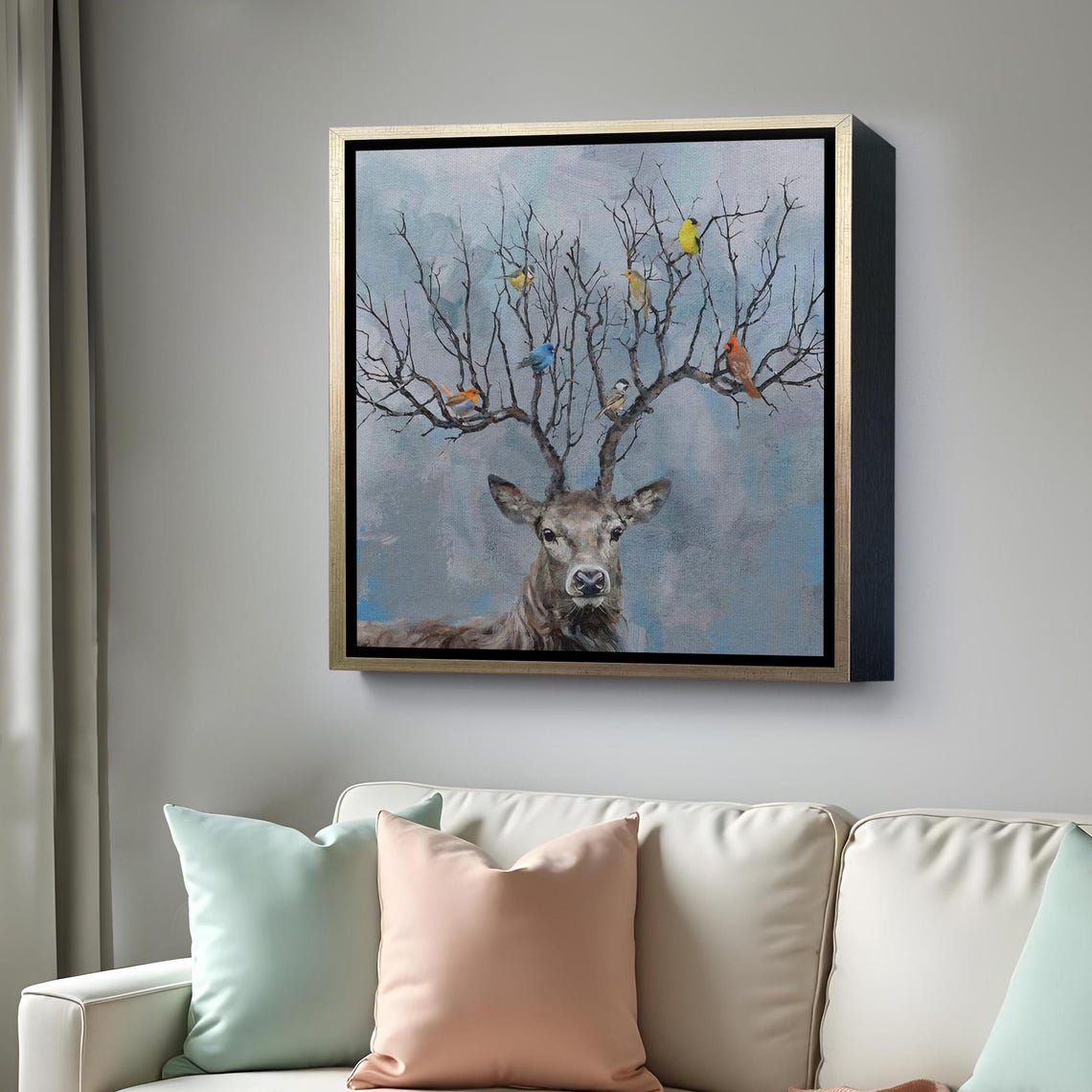 Deer Antler Tree Branches Colorful Birds Whimsical Art Poster - Image 4