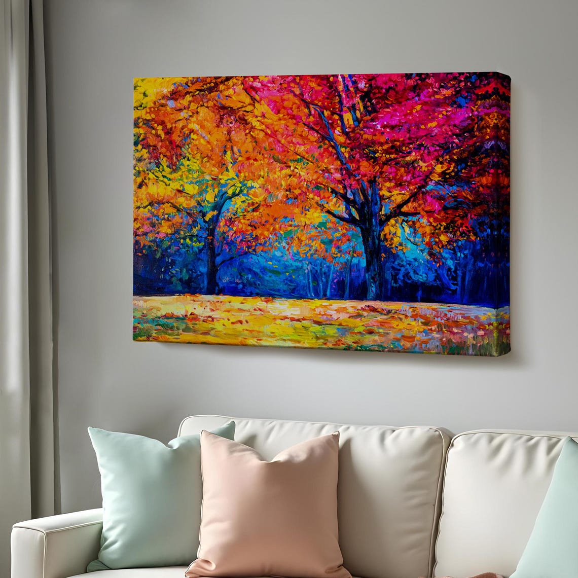 Vibrant Autumn Trees Pink Orange Foliage Impressionist Forest Poster