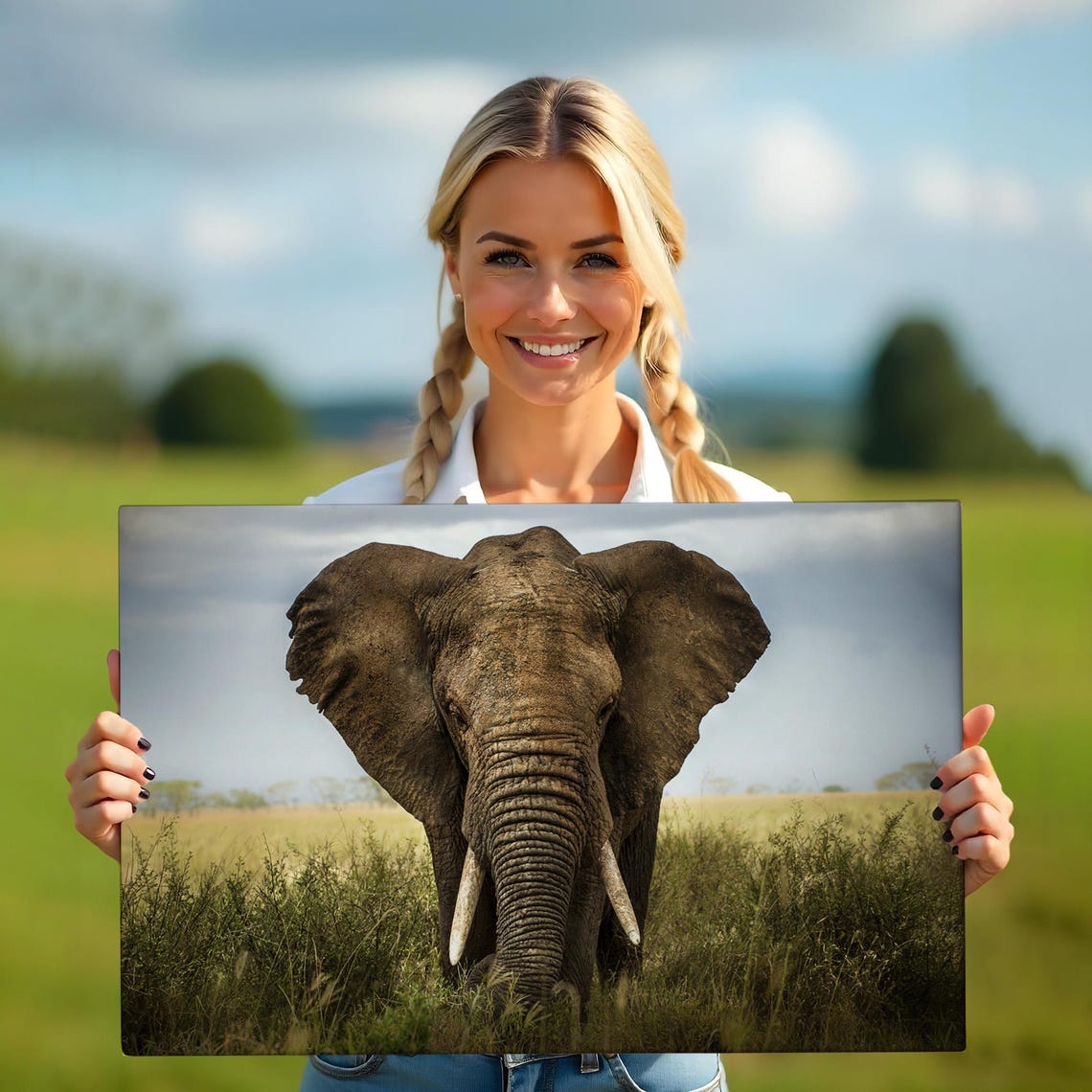 Lone Elephant Bull Facing Camera In Tall Grass Savanna Photo Poster - Image 5