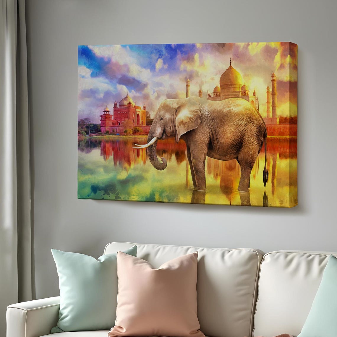 Elephant Taj Mahal India Sunset Watercolor Landmark Art Print