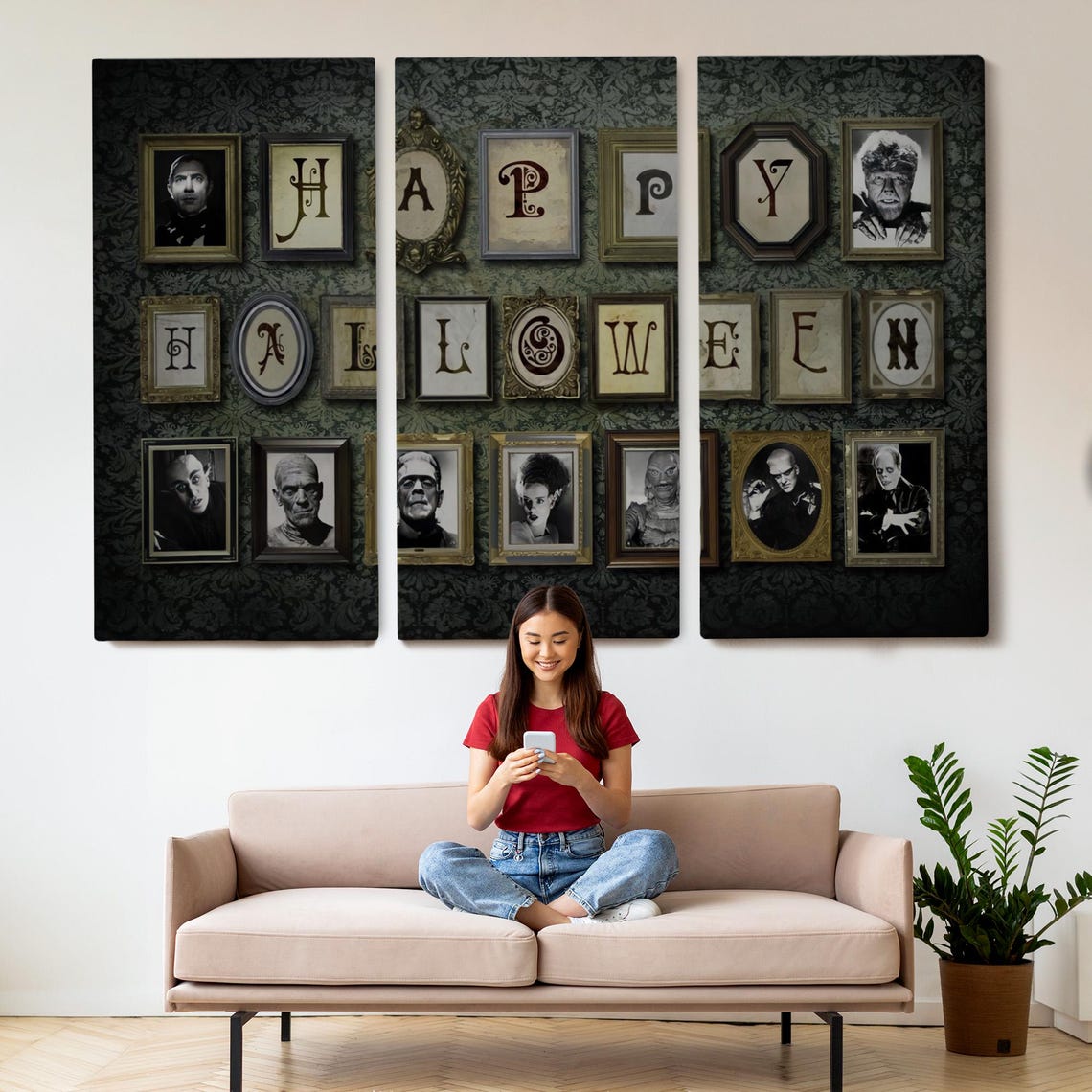 Vintage Happy Halloween Letter Frames Horror Movie Monsters Art Poster - Image 2