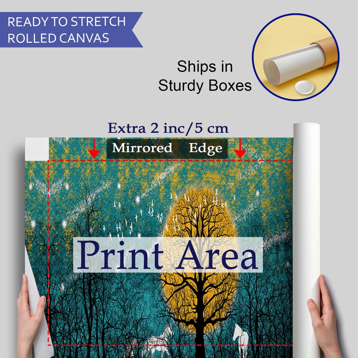 White Horses in Moonlit Forest Golden Full Moon Night Trees Art Poster - Image 4