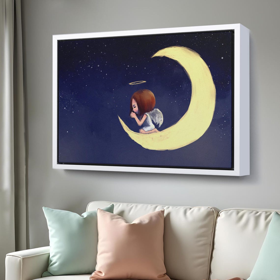Angel Girl Praying On Crescent Moon Starry Night Nursery Poster - Image 3