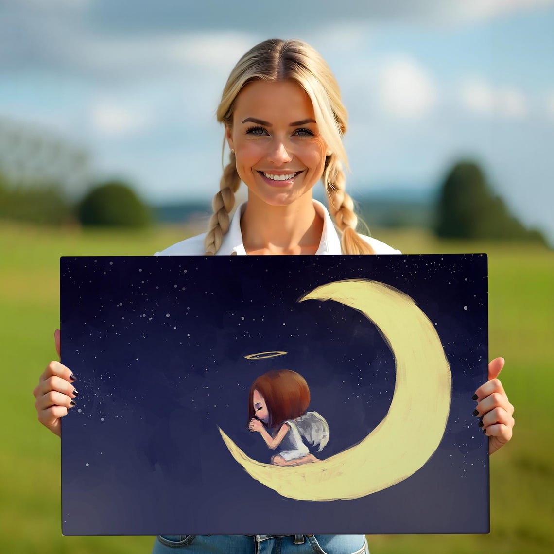 Angel Girl Praying On Crescent Moon Starry Night Nursery Poster - Image 5