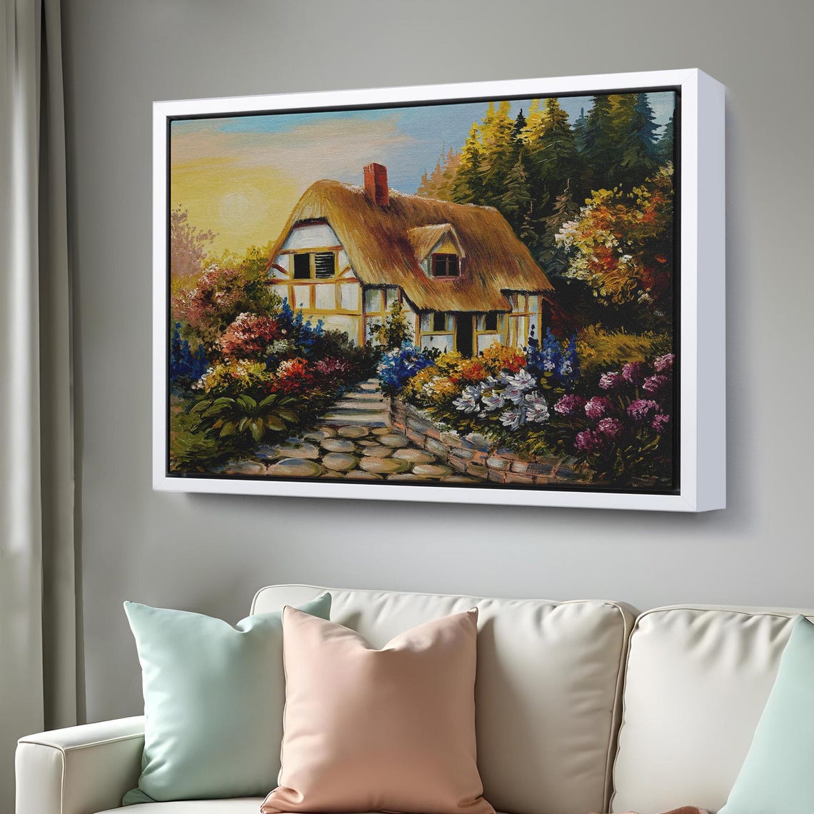 Thatched Roof Cottage Blooming Flower Garden Sunset Country Wall Art - Image 3