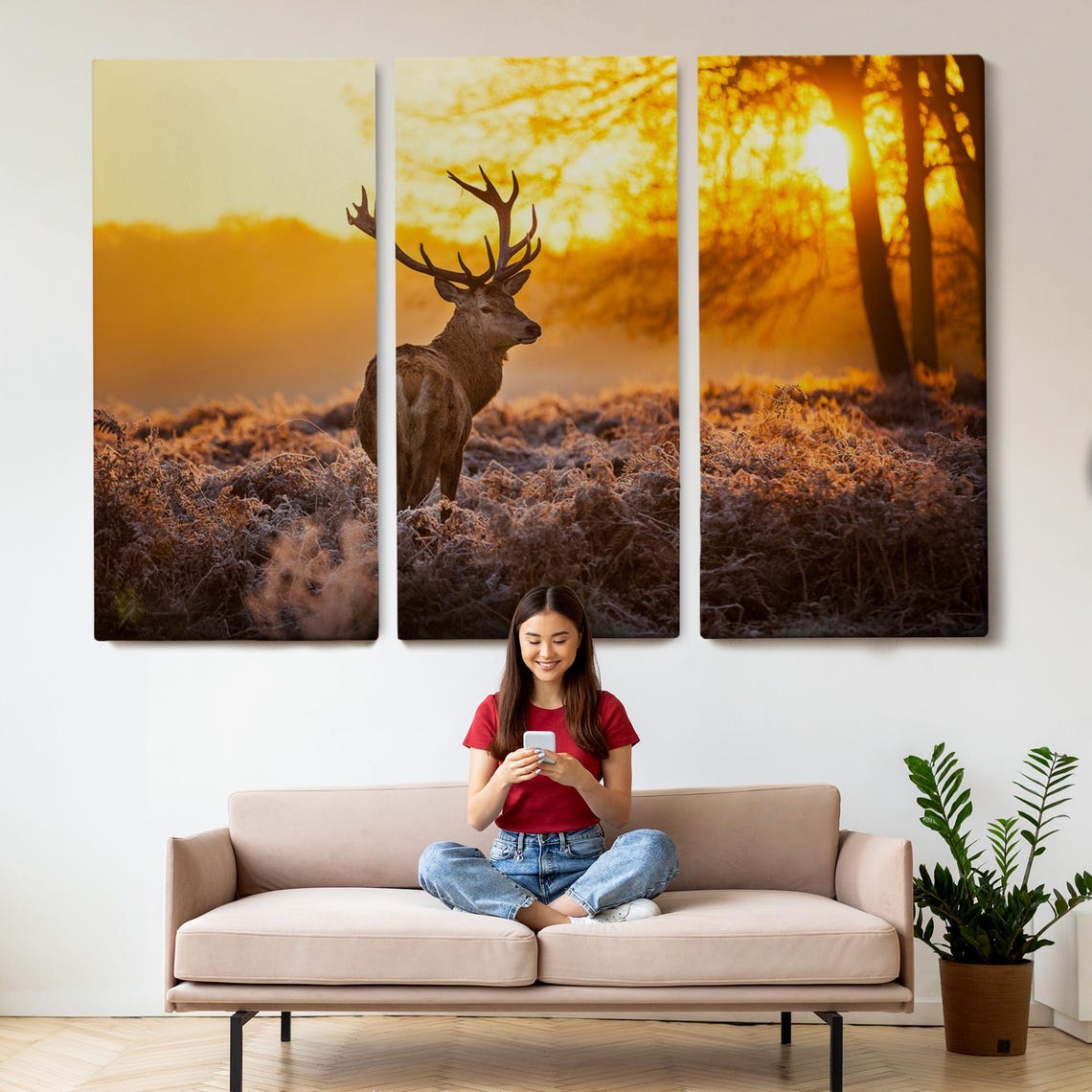 Red Deer Stag With Antlers At Golden Sunrise Frosty Field Photo Poster - Image 2