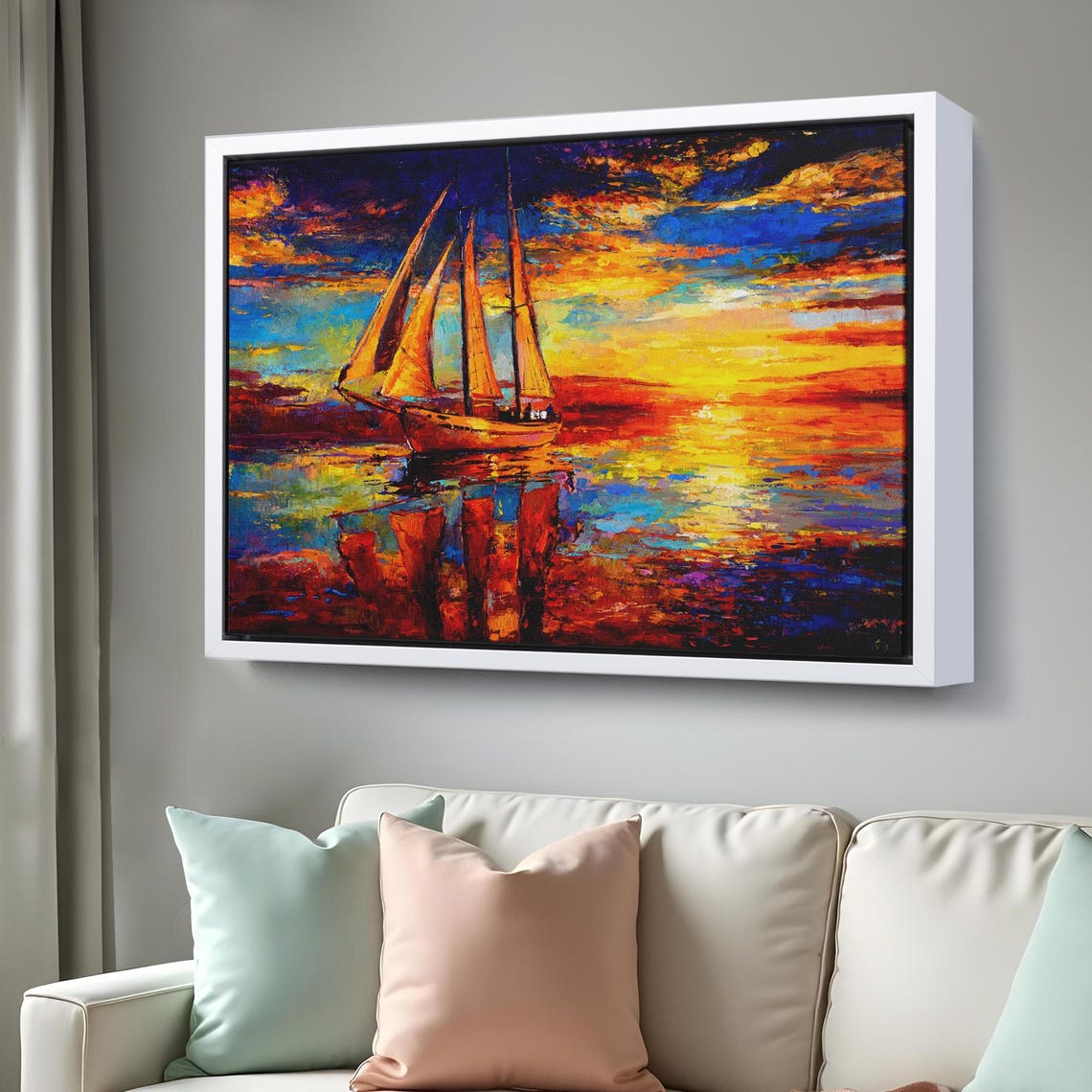 Tall Ship Sunset Sailing Vibrant Orange Ocean Oil Painting Print - Image 3
