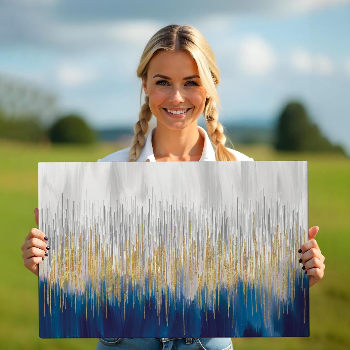 Abstract Navy Blue Gold Gray Drip Modern Minimalist Art Poster - Image 5