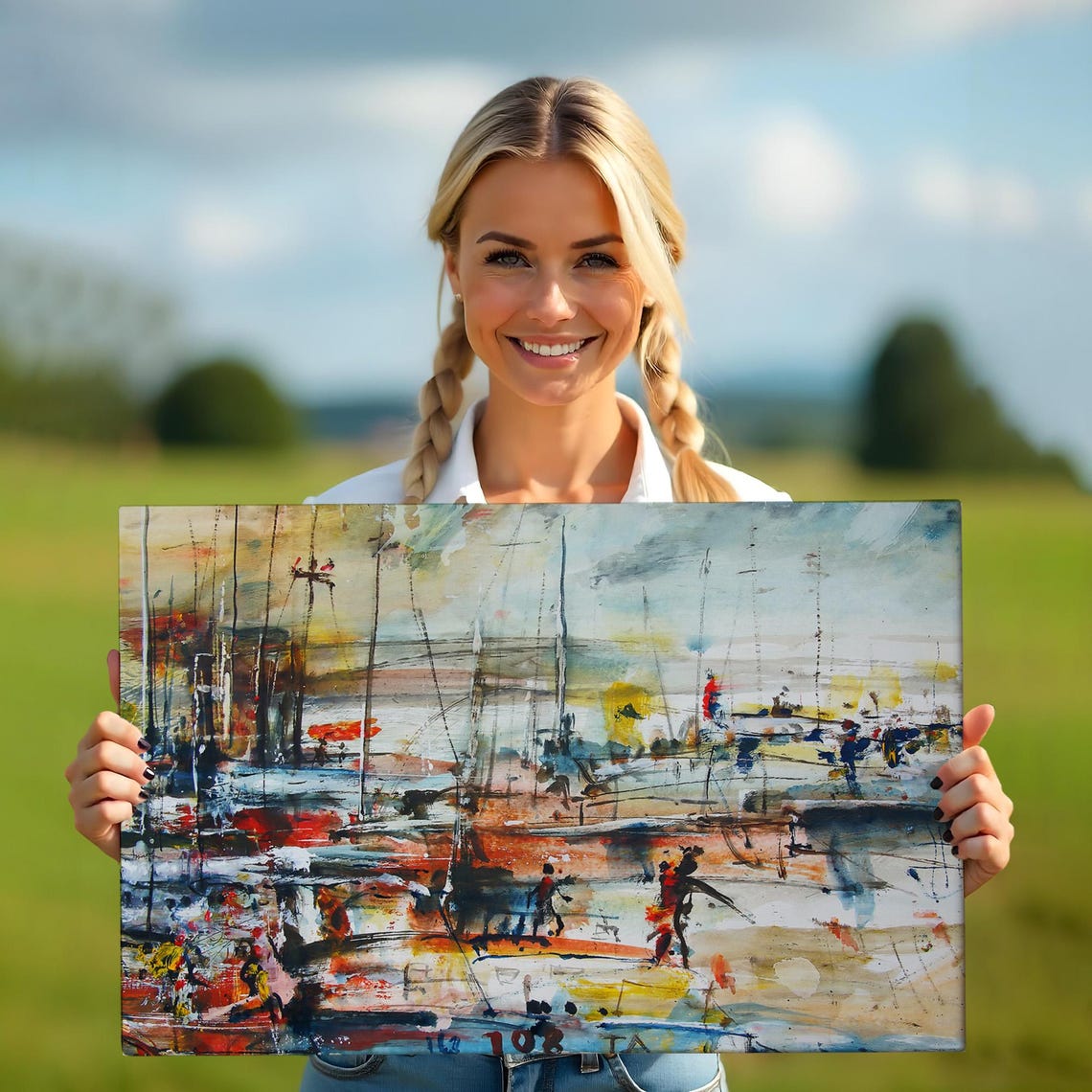 Abstract Expressionist Harbor Sailboats Red Blue Oil Painting Poster - Image 5